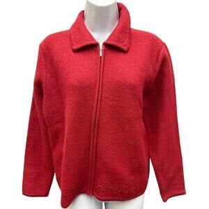 Karen Scott Sweater 100% Wool Red Zip Cardigan Women's SZ PM Petite Embroidered